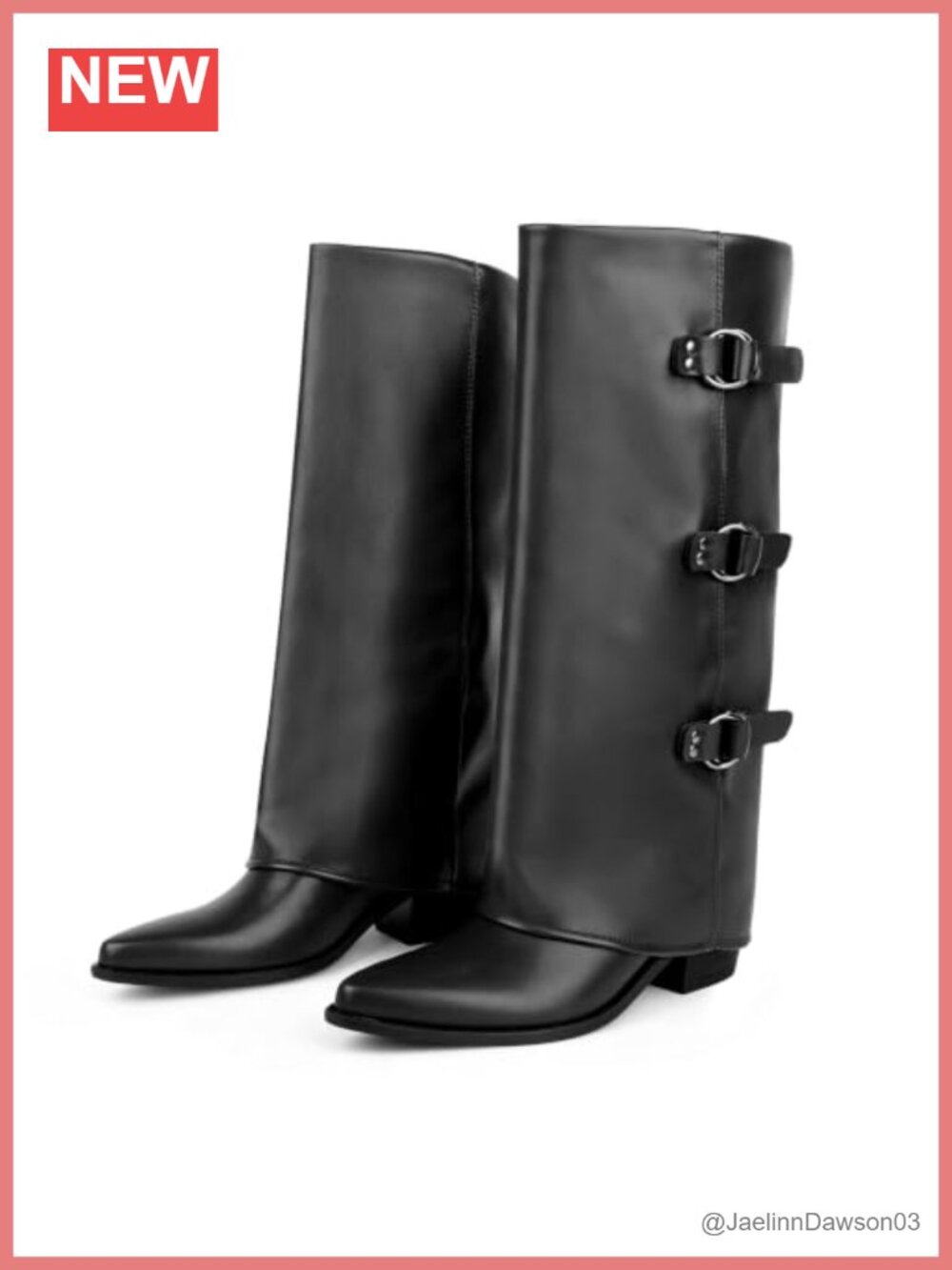 Faux Leather Slouch Knee High Boots Pointed Toe Block Heel Triple Buckle Moto